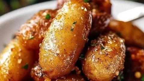 Hübsche Honig-Senf-Kartoffeln auf einem Teller, dekoriert mit frischen Kräutern.