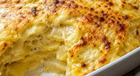Köstliches Kartoffelgratin in einer Auflaufform, frisch aus dem Ofen.