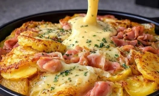 Cremiges Kartoffelgratin in einer Auflaufform serviert.