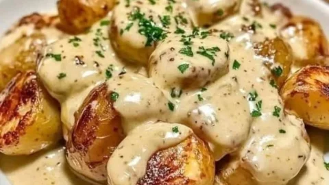 Kartoffeln in Knoblauch Sahnesauce serviert auf einem Teller