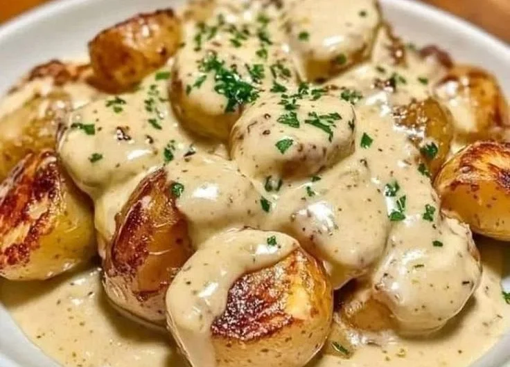 Kartoffeln in Knoblauch Sahnesauce serviert auf einem Teller