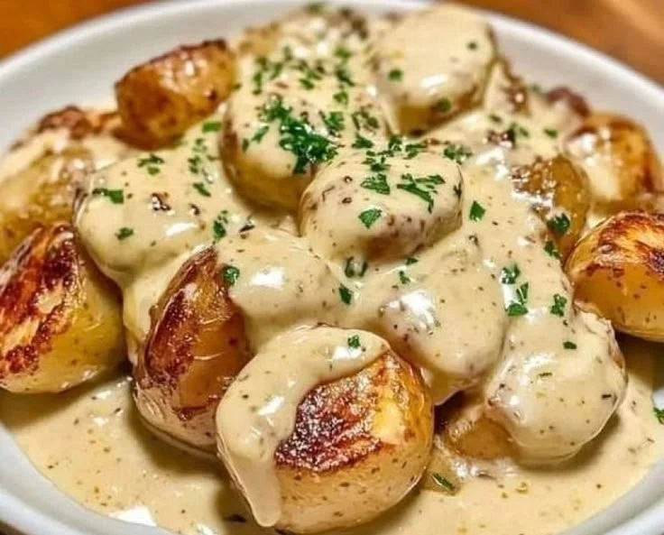 Kartoffeln in Knoblauch Sahnesauce serviert auf einem Teller