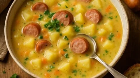 Kartoffelsuppe mit Würstchen in einer Schüssel, serviert mit frischem Brot.