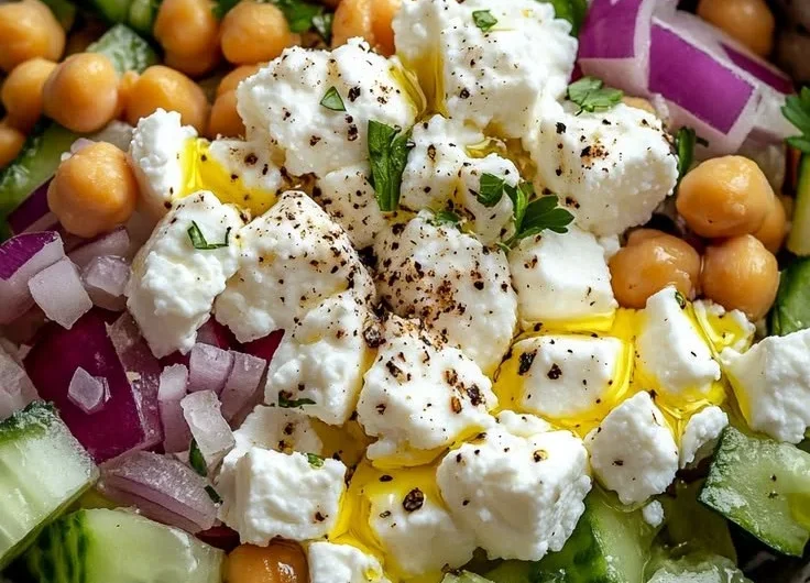 Käse-Salat mit Hüttenkäse in einer bunten Schüssel serviert