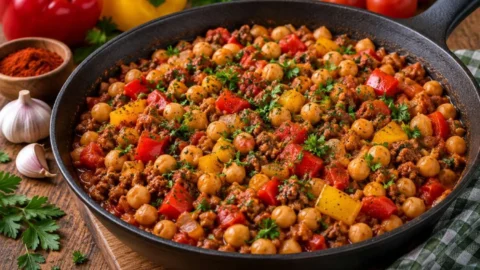 Kichererbsen-Pfanne mit Hackfleisch und frischem Gemüse