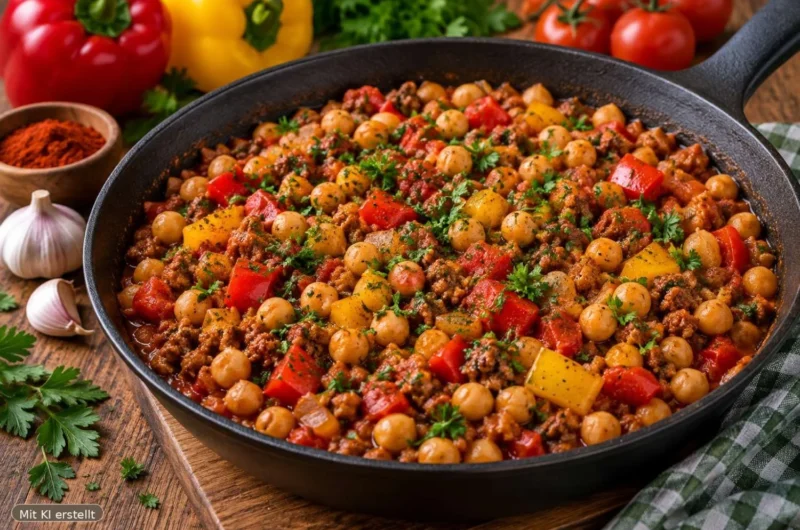 Kichererbsen-Pfanne mit Hackfleisch und frischem Gemüse