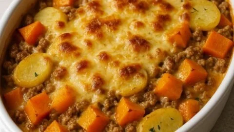 Kürbis-Hackfleisch-Auflauf mit Kartoffeln, herzhaft und sättigend.