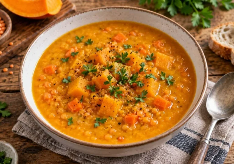 Schale mit Kürbis-Linsen-Suppe, garniert mit frischen Kräutern