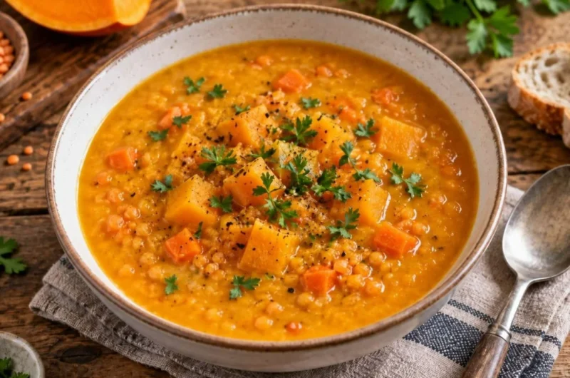 Schale mit Kürbis-Linsen-Suppe, garniert mit frischen Kräutern