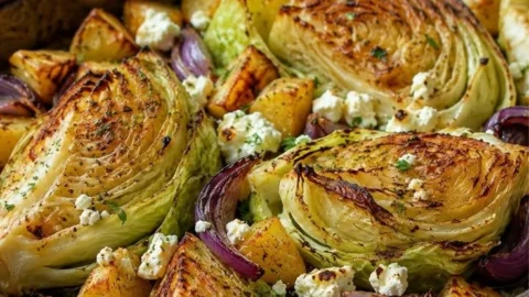 Ofengericht mit Spitzkohl, Kartoffeln und Feta auf einem Teller serviert.