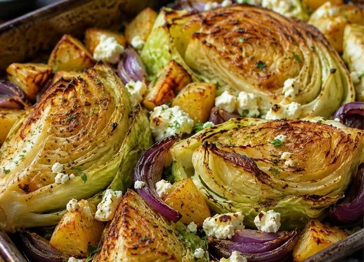 Ofengericht mit Spitzkohl, Kartoffeln und Feta auf einem Teller serviert.