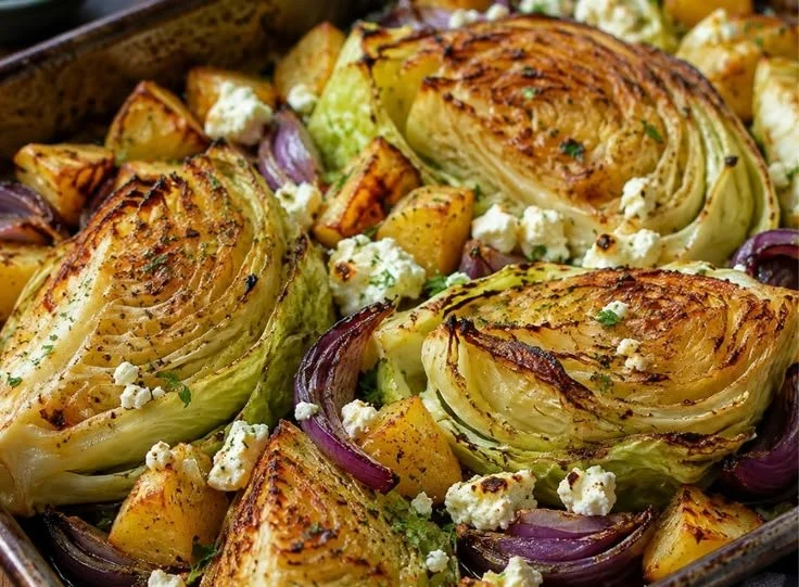 Ofengericht mit Spitzkohl, Kartoffeln und Feta auf einem Teller serviert.