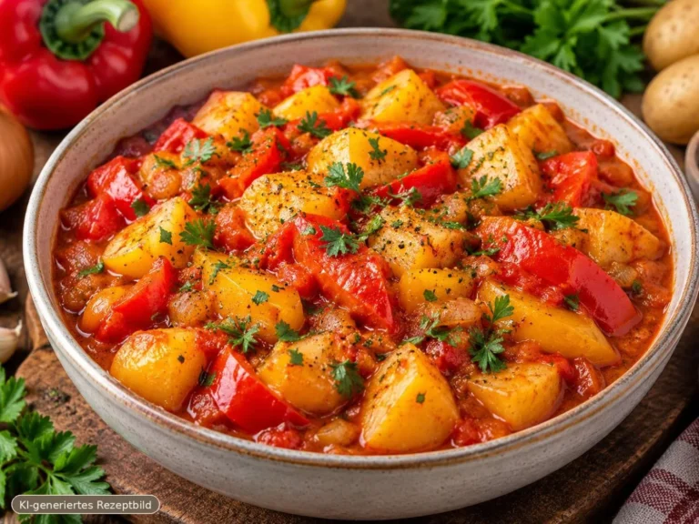 Leckerer Paprika Kartoffel Topf serviert in einer weißen Schüssel.
