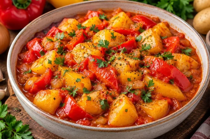 Leckerer Paprika Kartoffel Topf serviert in einer weißen Schüssel.