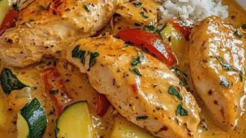 Paprika Zucchini Hähnchen in cremiger Sahnesauce serviert auf einem Teller