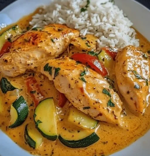 Paprika Zucchini Hähnchen in cremiger Sahnesauce serviert auf einem Teller