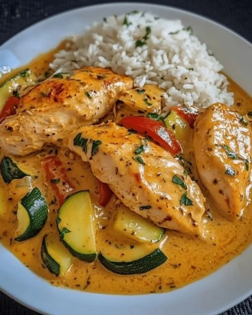 Paprika Zucchini Hähnchen in cremiger Sahnesauce serviert auf einem Teller