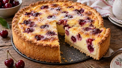 Puddingkuchen mit Kirschen auf einem Teller serviert