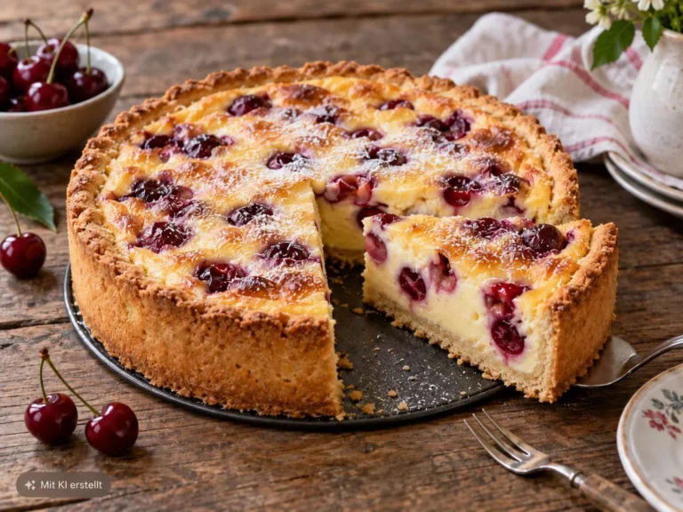 Puddingkuchen mit Kirschen auf einem Teller serviert