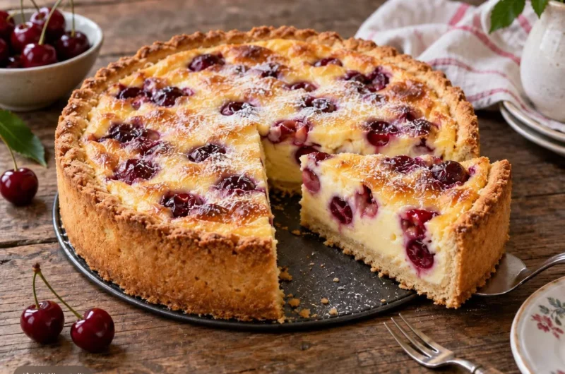 Puddingkuchen mit Kirschen auf einem Teller serviert