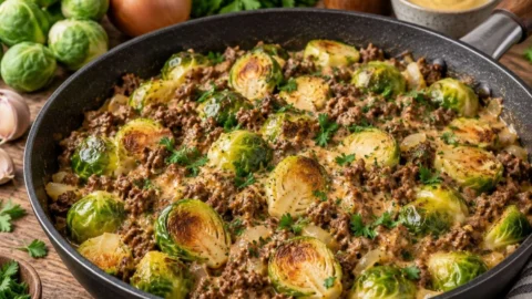 Leckere Rosenkohl-Hackfleisch-Pfanne aus frischem Rosenkohl und würzigem Hackfleisch