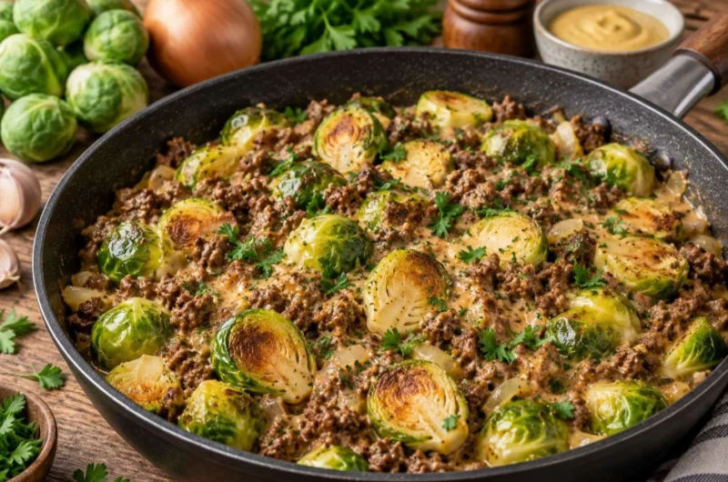 Leckere Rosenkohl-Hackfleisch-Pfanne aus frischem Rosenkohl und würzigem Hackfleisch