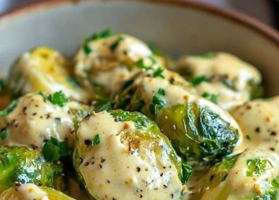 Rosenkohl in cremiger Frischkäse-Senfsauce auf einem Teller serviert