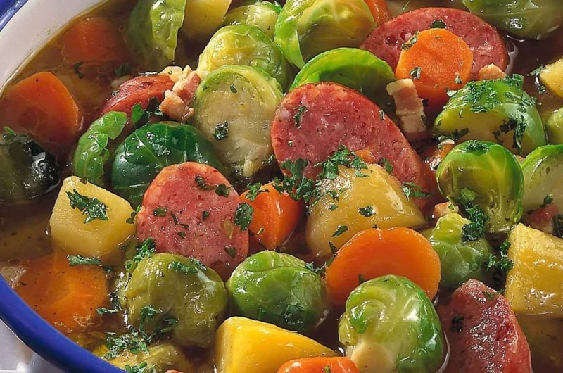Rosenkohl-Topf mit Mettenden auf einem Teller serviert