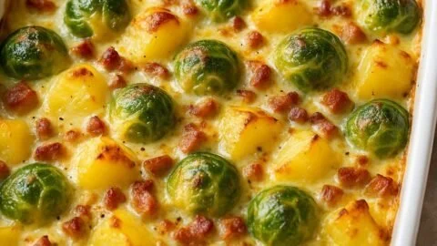 Rosenkohlauflauf mit Kartoffeln und Speck, serviert auf einem Teller