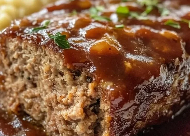 Saftiger Hackbraten mit cremiger Sauce auf einem Teller serviert