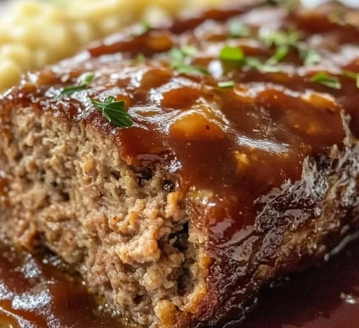 Saftiger Hackbraten mit cremiger Sauce auf einem Teller serviert