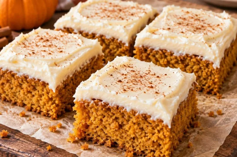 Saftiger Kürbiskuchen vom Blech auf einem Teller serviert.