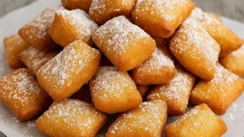 Leckere Schmalzkuchen auf einem Weihnachtstisch serviert.