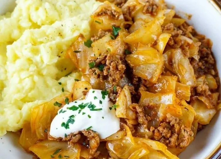 Schmorkohl mit Hack, serviert in einer dekorativen Schüssel, lecker und nahrhaft.
