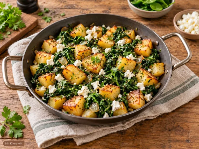 Leckere Spinat-Kartoffel-Pfanne mit frischem Spinat und goldbraunen Kartoffeln