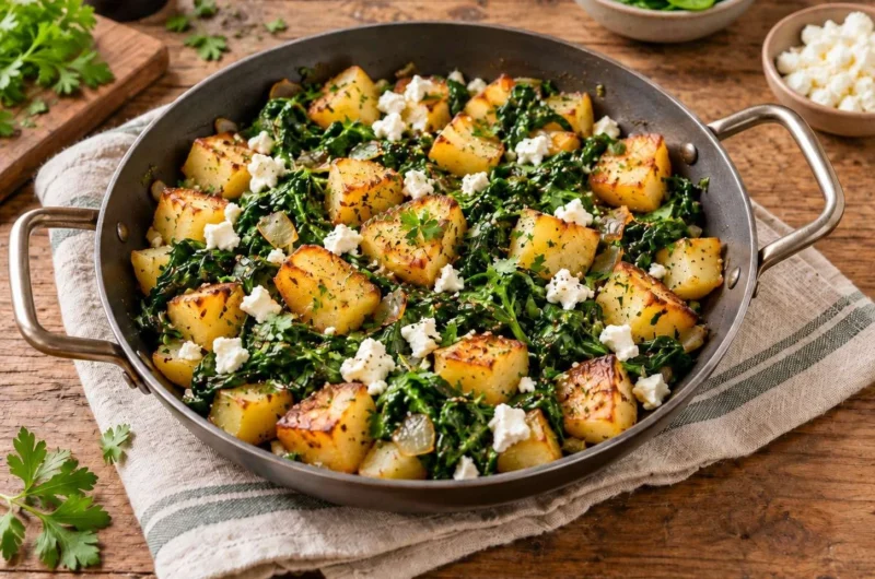 Leckere Spinat-Kartoffel-Pfanne mit frischem Spinat und goldbraunen Kartoffeln