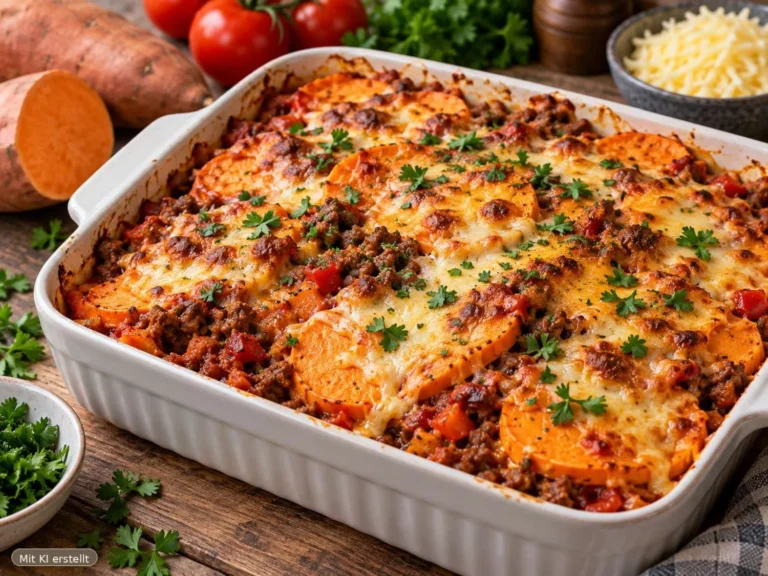 Cremiger Süßkartoffel Auflauf frisch aus dem Ofen