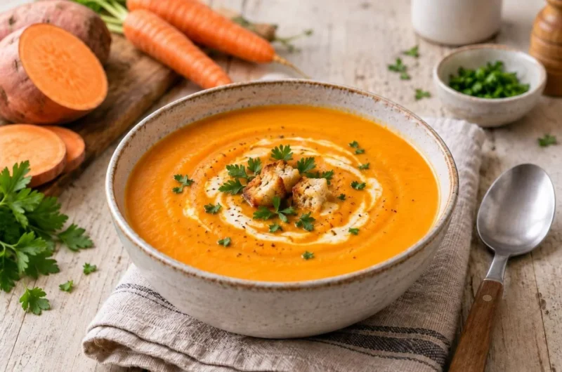 Süßkartoffelsuppe mit Möhren in einem bunten Schüssel präsentiert