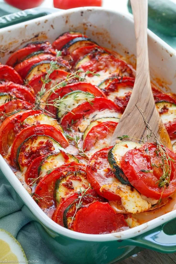 Tomaten Zucchini Auflauf mit Mozzarella auf einem Teller serviert