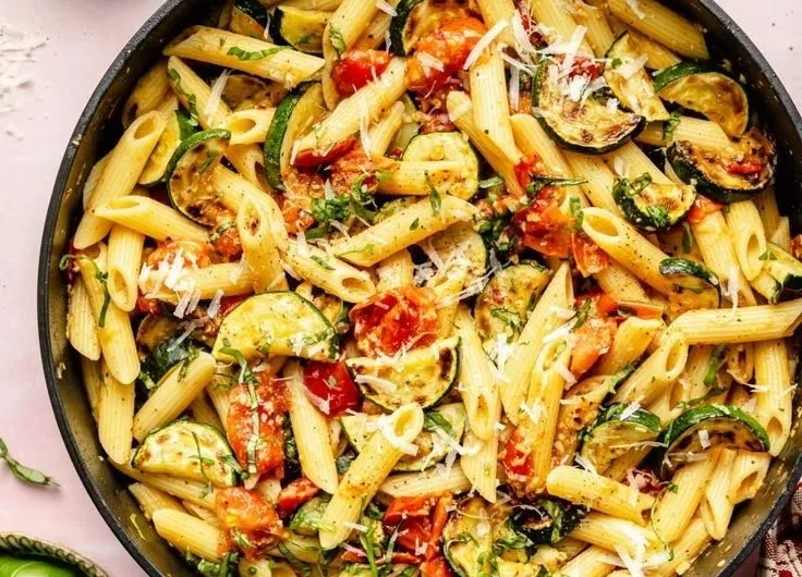 Leckere Tomaten-Zucchini-Pasta auf einem Teller serviert