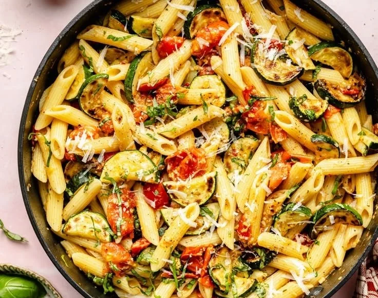 Leckere Tomaten-Zucchini-Pasta auf einem Teller serviert