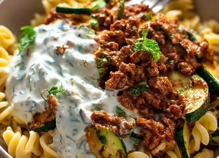 Türkisches Hackfleischgericht mit Joghurt serviert auf einem Teller.
