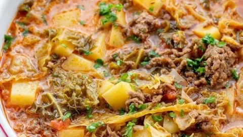 Wirsing Eintopf in einer Schüssel mit frischen Zutaten