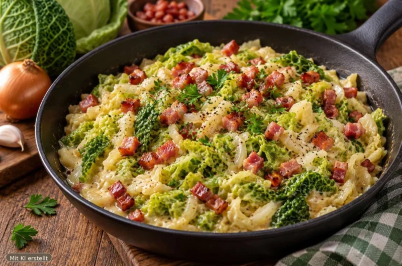 Schüssel mit Wirsinggemüse und Speck, ein herzhaftes Rezept