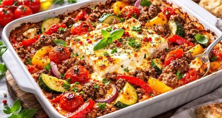 Würziges Hackfleisch mit Feta in einer Schüssel serviert