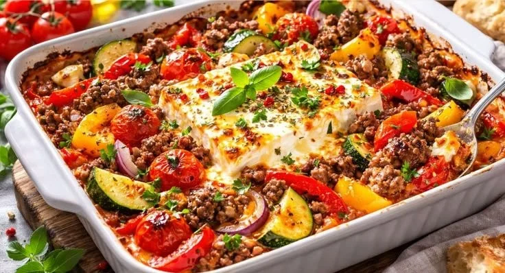 Würziges Hackfleisch mit Feta auf einem Teller serviert