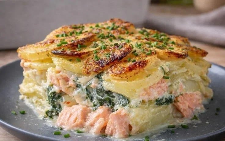 Zarter Lachs-Auflauf mit Kartoffeln auf einem Teller serviert.