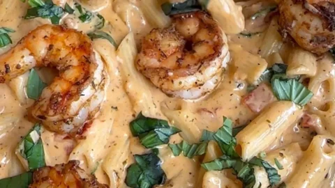 Schmackhafte Marry Me Shrimp Pasta auf einem Teller serviert