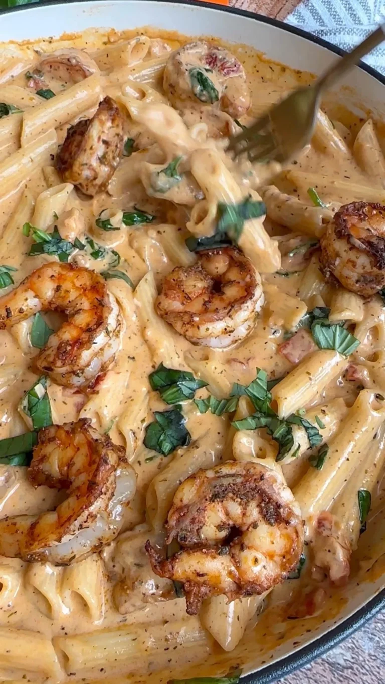 Schmackhafte Marry Me Shrimp Pasta auf einem Teller serviert