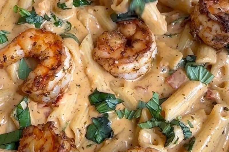 Schmackhafte Marry Me Shrimp Pasta auf einem Teller serviert